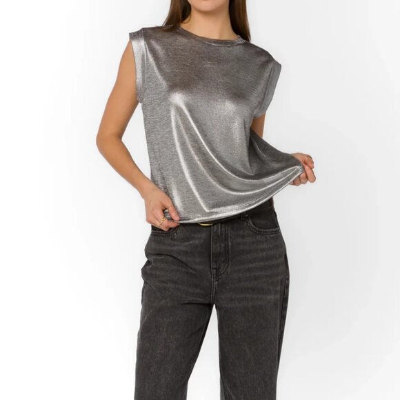 RM Rebecca Minkoff Metallic Silver Sleeveless Top - Picture 2 of 3
